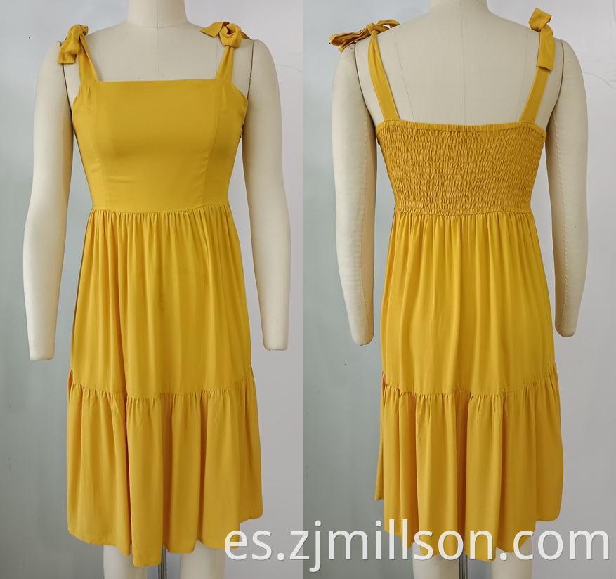 Woven Yellow Smocking Shoulder Straps Dress